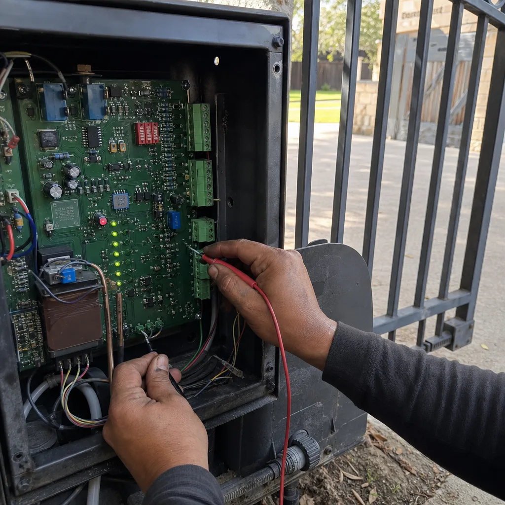 Technician performing professional electric gate repair on an automated control board