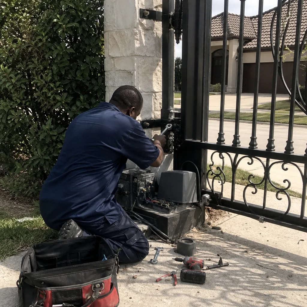 Professional technician performing automatic gate motor repair and maintenance