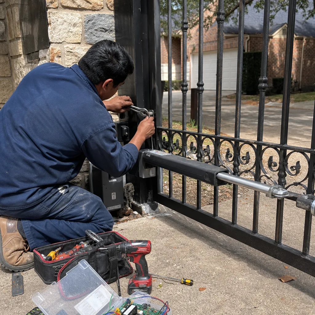 Technician performing professional gate motor repair and maintenance on metal driveway gate