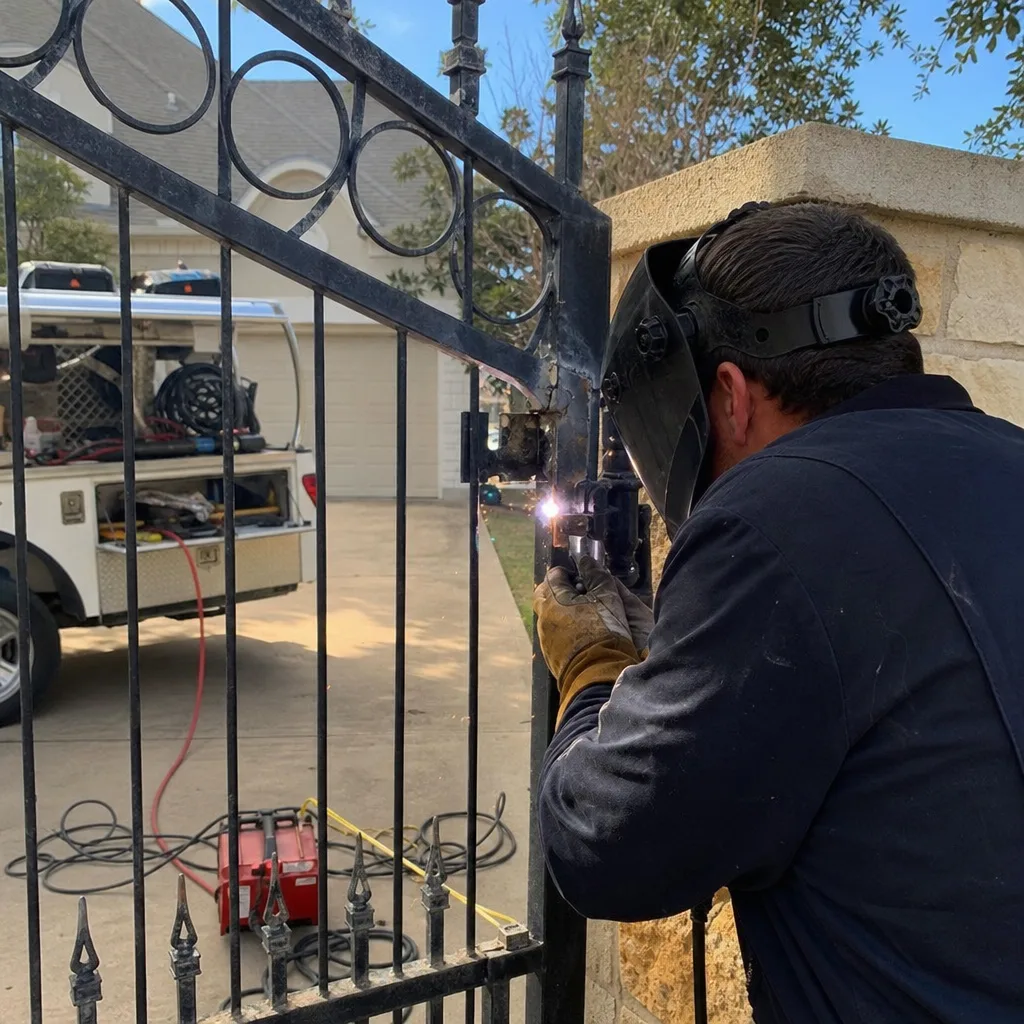 Professional welder performing on-site iron gate repair services in Dallas, TX