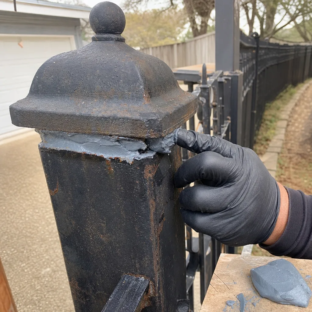 Hand applying epoxy sealant during metal fence gate repair in Dallas, TX
