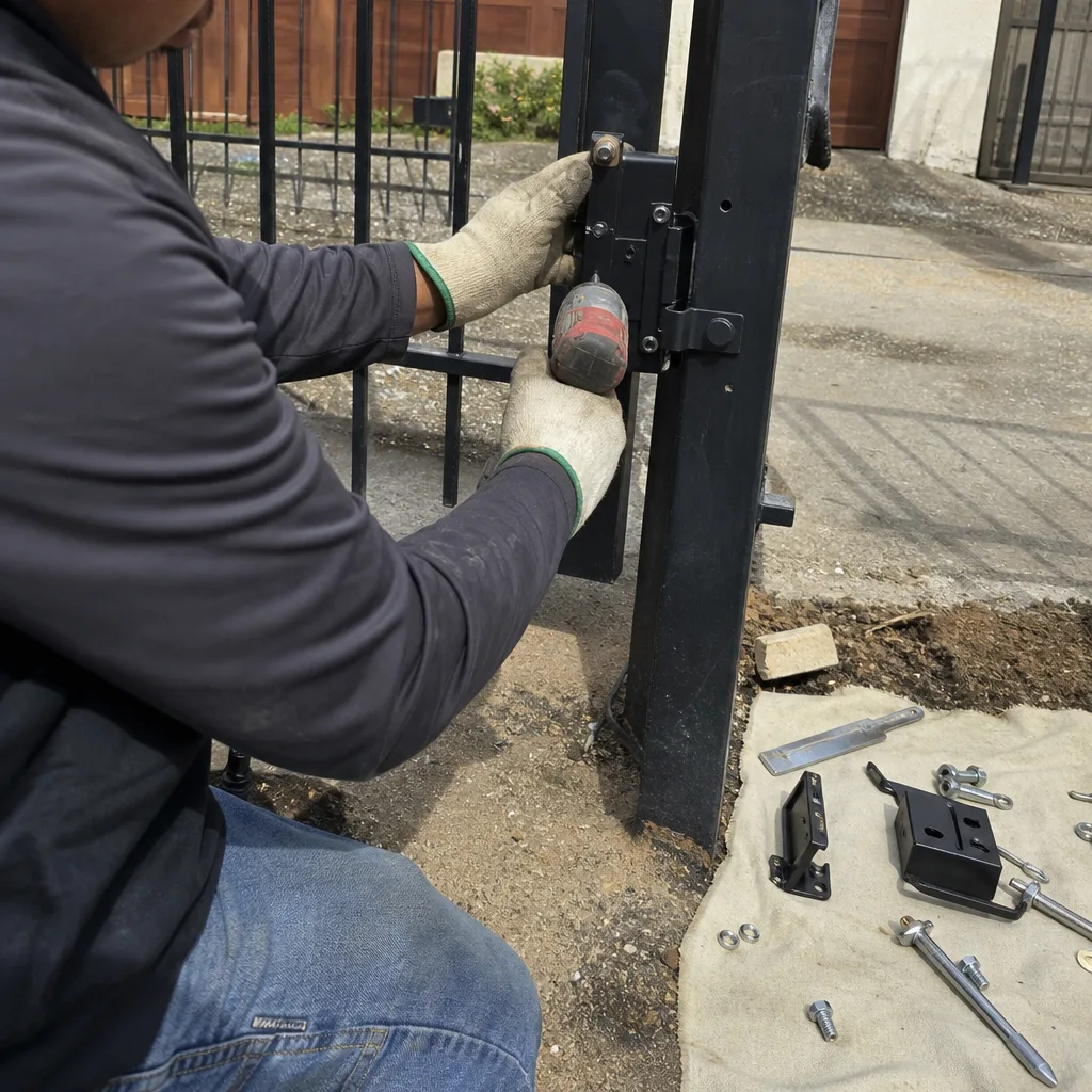 Technician using a power drill to repair a metal driveway gate latch